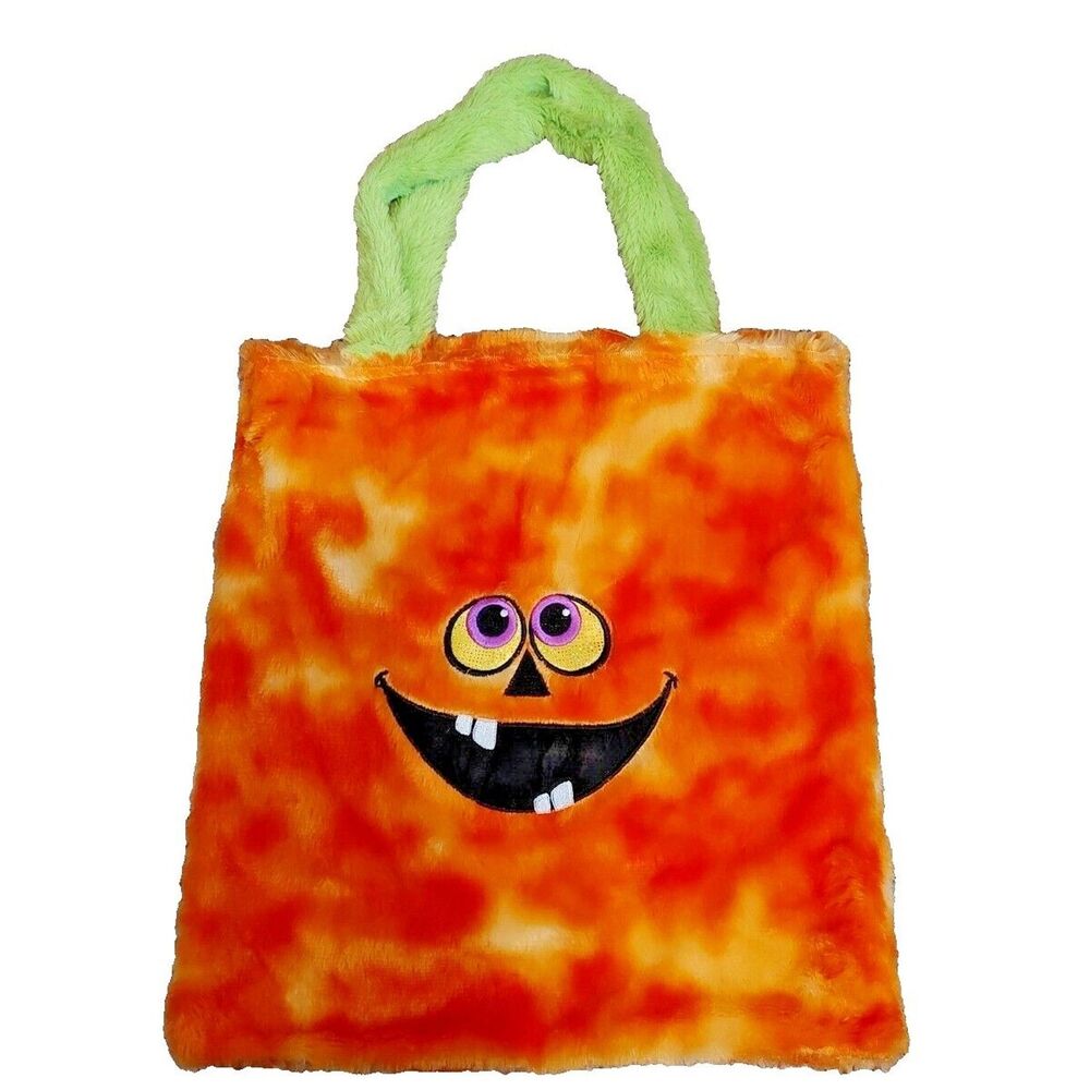 Silly Snaggletooth Face Furry Treat Book Toy Craft Bag Tote Orange Pumpkin New